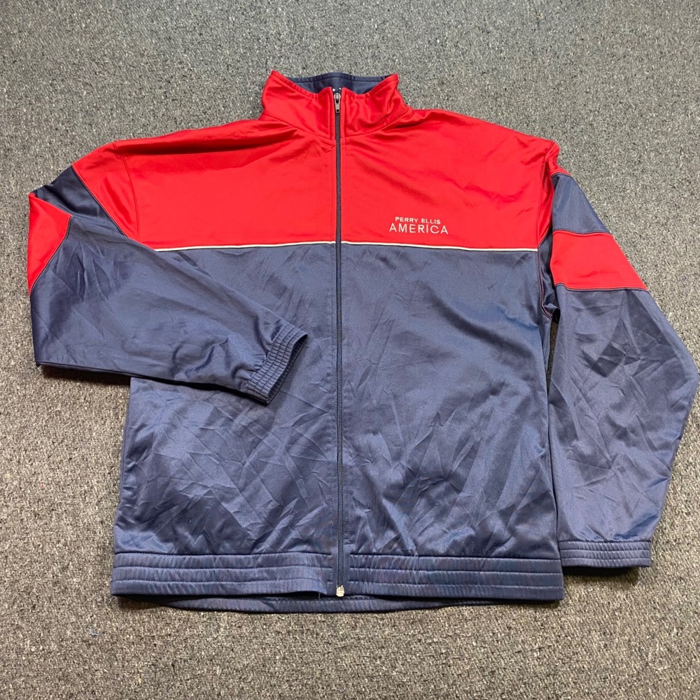 Perry Ellis America Track Jacket Sz M Mens Navy Red Retro Sport Full Zip Active